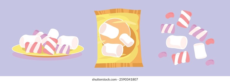 Set of delicious, colorful marshmallows in cartoon style. Vector illustration of sweet puffy twisted marshmallows on a plate, packaging isolated on pastel purple background. Confectionery. Dessert.