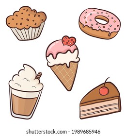 Set of delicious colorful sweet desserts and cappuccino. Muffin, cake, donut, ice cream and coffee. Vector illustration isolated on white background.
