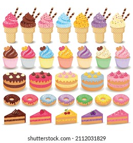 Set of delicious colorful sweets. Vector bright clipart for design.Isolated on white background.