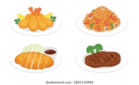 Set of delicious cooked meals including fried shrimp spaghetti tonkatsu and steak on white plates illustration.