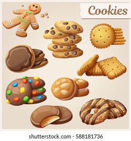 Set of delicious cookies. Cartoon vector illustration. Food sweet icons.