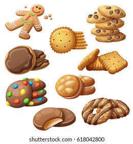 Set of delicious cookies. Cartoon vector illustration. Food sweet icons isolated on white background svg