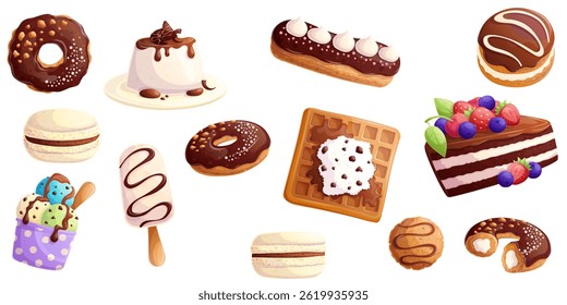 A set of delicious creamy chocolate desserts on a white background. The concept of confectionery, baking, cooking. Isolated vector illustrations for menu design, posters, banners, covers