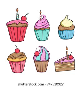 set of delicious cupcake and slice cake with colorful doodle style