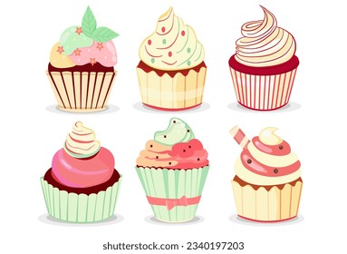 Set Delicious cupcakes. Dessert vector illustration design.Hand-drawing ,retro style 
