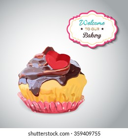 Set of delicious cupcakes with different toppings. Isolated on grey background. Vector
