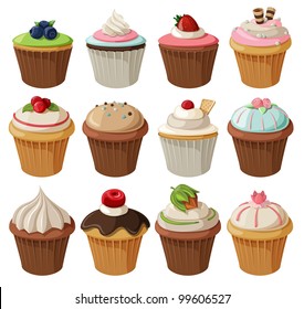 Set of delicious cupcakes with different toppings. Isolated on white background