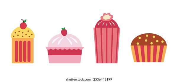 A set of delicious cupcakes isolated on a white background. Bakery design, menu. Vector graphics