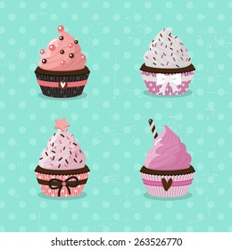 Set of delicious cupcakes on the mint background.