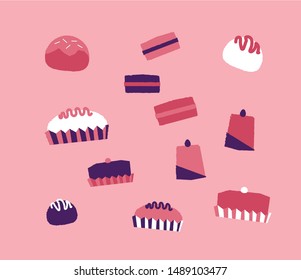Set of delicious cute chocolates cakes sweets macarons