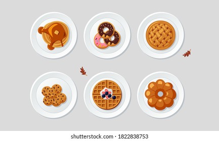 Set of delicious dessert illustration. pancake, donut, pie, cookies