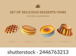 A Set of Delicious Desserts 3D Vector Items: Waffle, Pancake, Crème Brûlée, Pudding