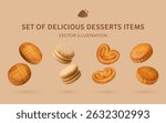 A Set of Delicious Desserts 3D Vector Items: Galette Bretonne, Dacquoise, Palmier, Galette des Rois