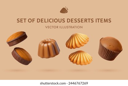 A Set of Delicious Desserts 3D Vector Items: Cookie, Canelé, Madeleine, Cupcake