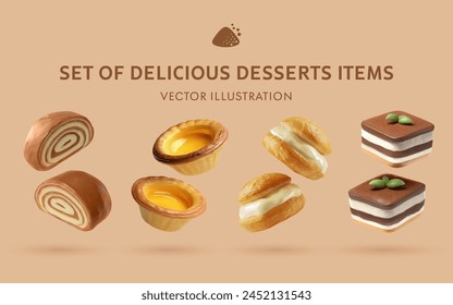 A Set of Delicious Desserts 3D Vector Items: Orechovy Zavin, Pastel de Nata, Cream Puff, Tiramisù