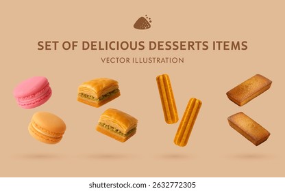A Set of Delicious Desserts 3D Vector Items: Macaron, Baklava, Churros, Financier