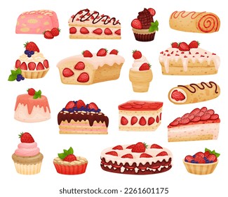 Set of delicious desserts with ripe fresh strawberry. Cake, cupcake, ice cream for confectionery or coffee shop cafe desserts cartoon vector