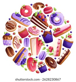 Set with delicious desserts in the shape of a circle on a white background. The concept of confectionery, bakery and cooking.