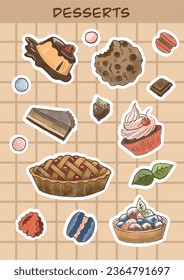 Set of delicious desserts and sweets in watercolor style. cupcakes, cakes, cookies. Berry cake. Hand painted watercolor baked goods. Illustration for stickers, design, cookbook