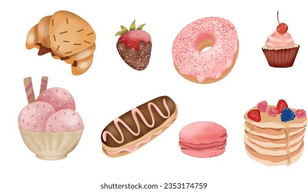 Set of delicious desserts, vector. Eclair, macaron, ice cream bowl, strawberry in chocolate, croissant, donut, cupcake. Colorful illustrations, for banner, greeting card, poster, invitation, menu