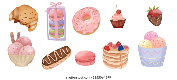 Set of delicious desserts, vector. Eclair, macaron, ice cream, strawberry in chocolate, croissant, donut, cupcake, pancakes. Colorful illustrations, for banner, greeting card, poster, invitation, menu