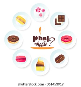 Set of delicious desserts. Yummy cupcakes, caramel lollipops, donuts, muffins and all kinds of chocolate. Can be used for a dessert menu. Assorted confectionery. Vector