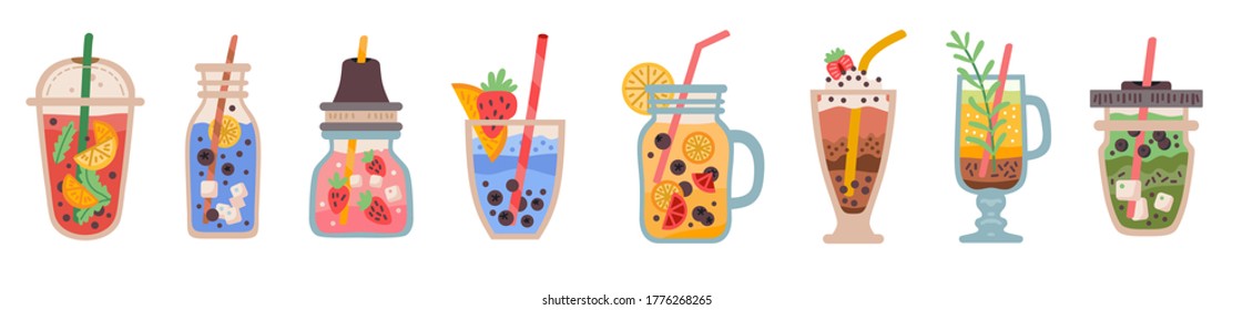 Set with delicious detox drinks. Collection of different summer cocktails in glasses with fruits and berries on white background