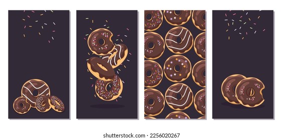 A set of delicious donuts with chocolate icing and various toppings on a dark background. Pattern of chocolate donuts. The illustrations are perfect for screensavers, phone backgrounds, stories.