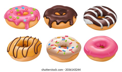 Set of delicious donuts. Collection of sweet pastries with icing and jam. Realistic fast food for cafe menus, websites and fabric printing. Cartoon 3D vector illustrations isolated on white background