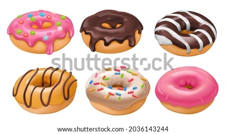 Set of delicious donuts. Collection of sweet pastries with icing and jam. Realistic fast food for cafe menus, websites and fabric printing. Cartoon 3D vector illustrations isolated on white background