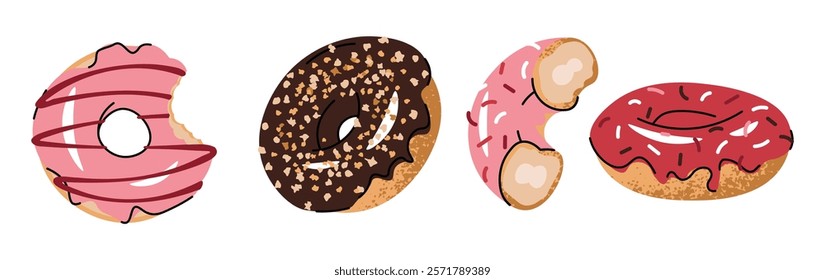 Set of delicious donuts covered with glaze and sprinkles. Delicious dessert for snack, breakfast, lunch in flat cartoon style.