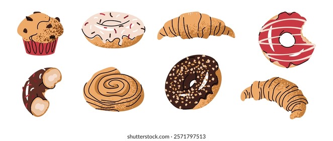 Set of delicious donuts covered with glaze and sprinkles, croissant, muffin, bun. Delicious dessert for snack, breakfast, lunch in flat cartoon style.