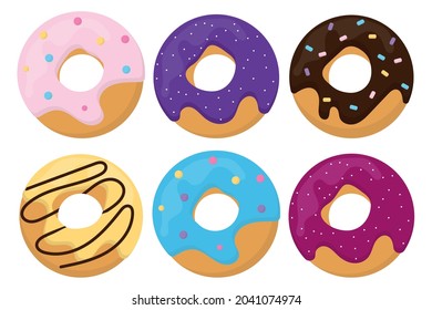A set of delicious donuts. Donuts in glaze. Final illustration hand drawn cartoon style.