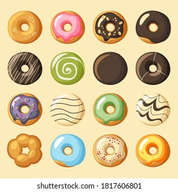 Set  of  delicious donuts with many kinds of flavor