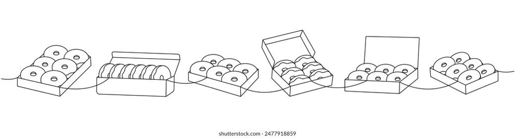 Set of delicious donuts one line continuous drawing. Bakery sweet pastry food. Vector linear illustration.