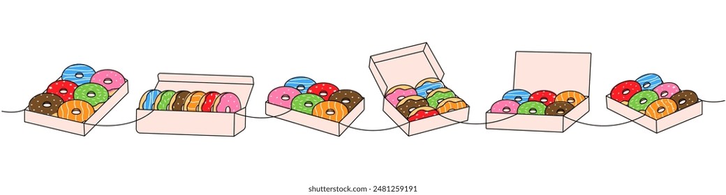 Set of delicious donuts one line colored continuous drawing. Bakery sweet pastry food. Vector linear illustration.