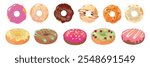 Set of delicious donuts, side view, top view in cartoon style.Vector illustration of donuts with sweet glaze decorated with pastry sprinkles,oatmeal, cranberry, blueberry isolated on white background.