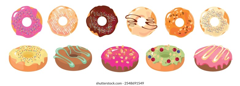 Conjunto de rosquinhas deliciosas, vista lateral, vista superior em estilo cartoon.Vetor ilustração de rosquinhas com esmalte doce decorado com polvilhos de pastelaria, aveia, oxicoco, mirtilo isolado no fundo branco.