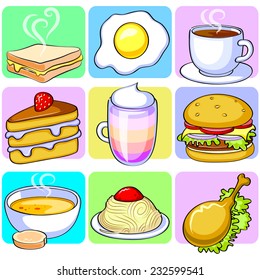 Set of delicious drinks and food