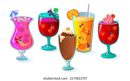 Se sirven deliciosas bebidas con frutas y chocolate. Barra de vitaminas. Elige tu cóctel fresco favorito. Publicidad para restaurante con menú de verano. Buena comida. Fondo vectorial realista.