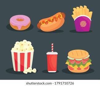 set of delicious fast food in gray background vector illustration design vector illustration design