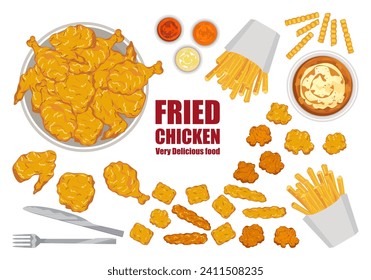 Conjunto de deliciosas ilustraciones de comida rápida. Cubo de pollo frito. Patas de pollo fritas. Estilo de caricatura de pollo lindo. Aislado en un fondo blanco para el diseño de afiches y la publicidad.