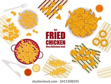 Conjunto de deliciosas ilustraciones de comida rápida. Cubo de pollo frito. Patas de pollo fritas. Estilo de caricatura de pollo lindo. Aislado en un fondo blanco para el diseño de afiches y la publicidad.