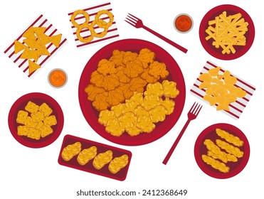 Set of delicious fast food illustrations. Fried chicken bucket. Fried chicken legs. Cute chicken cartoon style. Isolated on a white background for poster design, and advertisement.