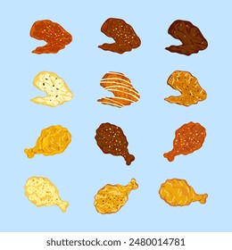 Set of delicious fast food illustrations. Fried Chicken with Sauce. It has fried chicken legs. It's cute chicken cartoon style. It is isolated on a white background for poster design, and advertising.