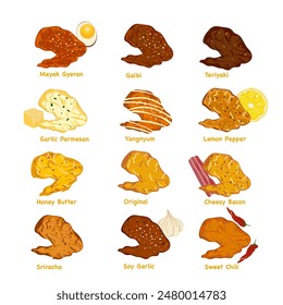 Set of delicious fast food illustrations. Fried Chicken with Sauce. It has fried chicken legs. It's cute chicken cartoon style. It is isolated on a white background for poster design, and advertising.