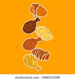 Set of delicious fast food illustrations. Fried Chicken with Sauce. It has fried chicken legs. It's cute chicken cartoon style. It is isolated on a white background for poster design, and advertising.