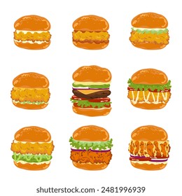 Set of delicious fast food illustrations Icon Hamburger included fried chicken, beef, fries, pickles, lettuce, tomato, bacon, and bread on a skillet, isolated on a white background for the food menu 
