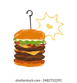 Set of delicious fast food illustrations: beef hamburger. Fried chicken, pickles, lettuce, tomato, bacon, cheese. Layered bread. They are isolated on a white background for poster design, food menus.