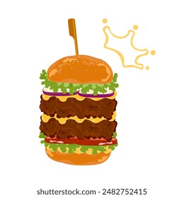 Set of delicious fast food illustrations: beef hamburger. Fried chicken, pickles, lettuce, tomato, bacon, cheese. Layered bread. They are isolated on a white background for poster design, food menus.
